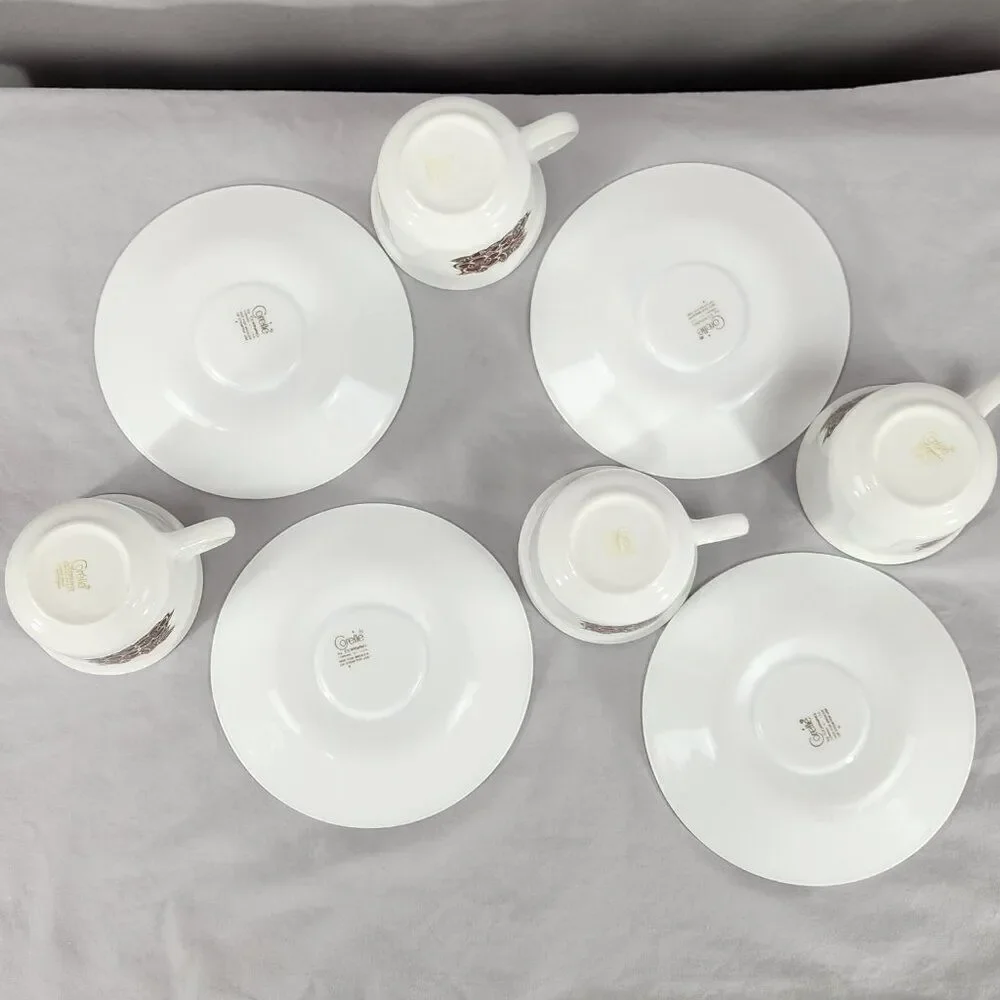 Set of 4 Corelle Batik Coffee Cups & Saucers Vintage Brown Stripes & Flowers